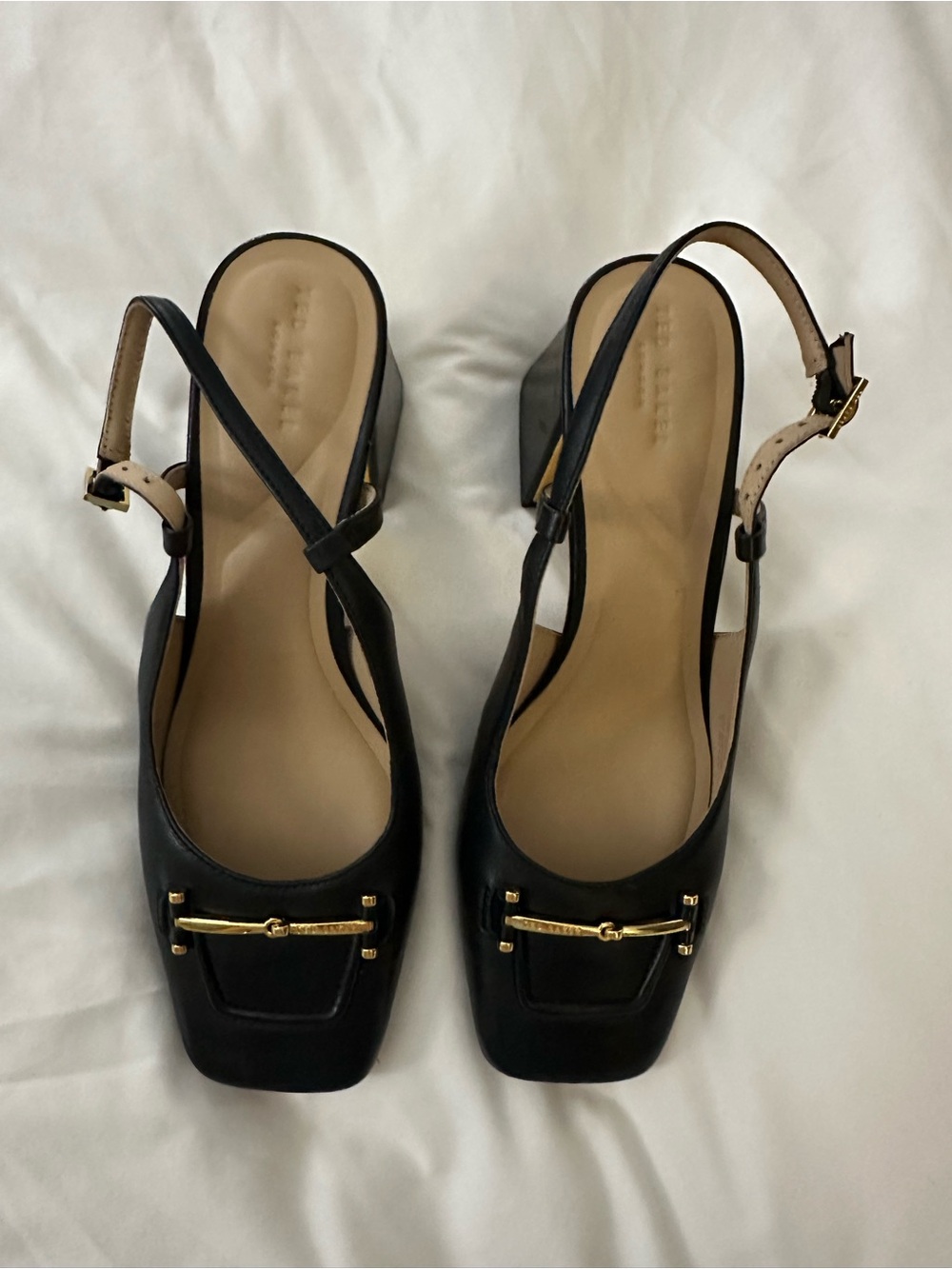 Ted Baker London Black Leather Slingback Block Heels with Gold Accent - Picture 2 of 9